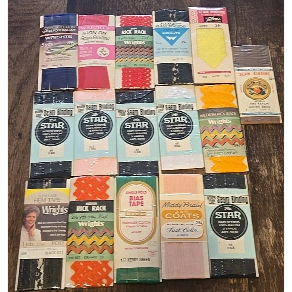 16 Pc Vintage Sewing Trim Lot Rick Rack Bias Tape Seam Binding Wrights Talon NOS